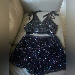 Multi color black sequin hot pants and top